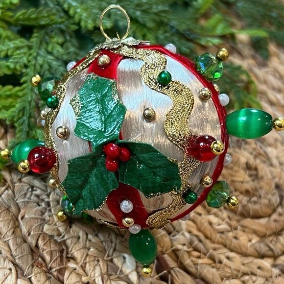 Beaded Push Pin Satin Thread Ball Christmas Ornament Mid Century Vintage Style - Picture 1 of 8